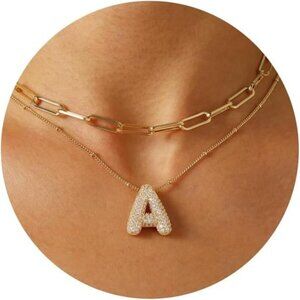 Layered Gold Bubble Initial Necklace Set | Rhinestone Letter Pendant